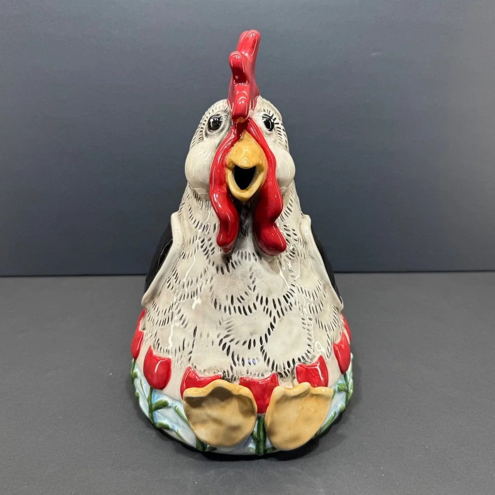 Blue Sky Heather Goldminc Rooster Teapot Ceramic Red Tulip 18363 Farmhouse Decor